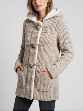 Zara | Beige-Cream Knit Fleece Hooded Long Jacket With Faux Sheepskin Hood Small